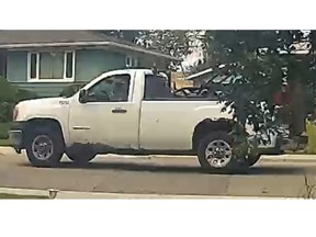 The woman Calgary police are looking for is believed to drive a 2009 white GMC Sierra truck bearing Alberta licence plate 03L 432.