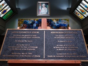 Pictured is the plaque, which was unveiled by Queen Elizabeth II during her visit of the Museum of the Regiments, at the Queen Elizabeth II Atrium at the Military Museum the day after the death of Queen Elizabeth II on Friday.