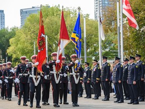Calgary Fire Department honours the memory of Calgary firefighters who have fallen in the line of duty or due to firefighting related illnesses in their annual memorial ceremony outside Calgary City Hall on Tuesday, September 13, 2022.