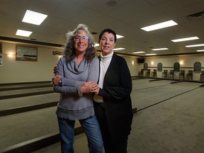 Linda Blasetti, left, past president of the Calgary Italian Cultural Centre past president, and executive director Rafaela Grossi pose for a photo at the centre’s Bocce Lanes.