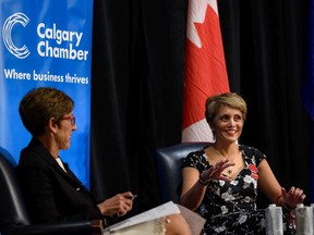Calgary Chamber of Commerce President and CEO Deborah Yedlin, left, and Mayor Jyoti Gondek speak during an event hosted by the Calgary Chamber of Commerce at Fairmont Palliser in downtown Calgary on Wednesday, September 28 of 2022.