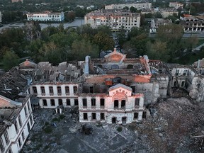 FILE PHOTO: Destruction of various buildings is seen from an aerial perspective on September 21, 2022 in Izium, Ukraine. Izium was occupied by Russians since April 1, causing major destruction and death to the small city.
