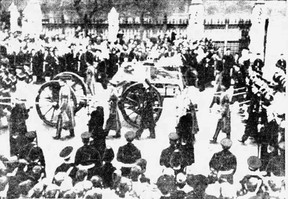 Royal Navy sailors carried the gun carriage carrying the King's body from London's Westminster Hall to burial ceremonies at Windsor Castle.  Front page of the Calgary Herald, February 16, 1952.