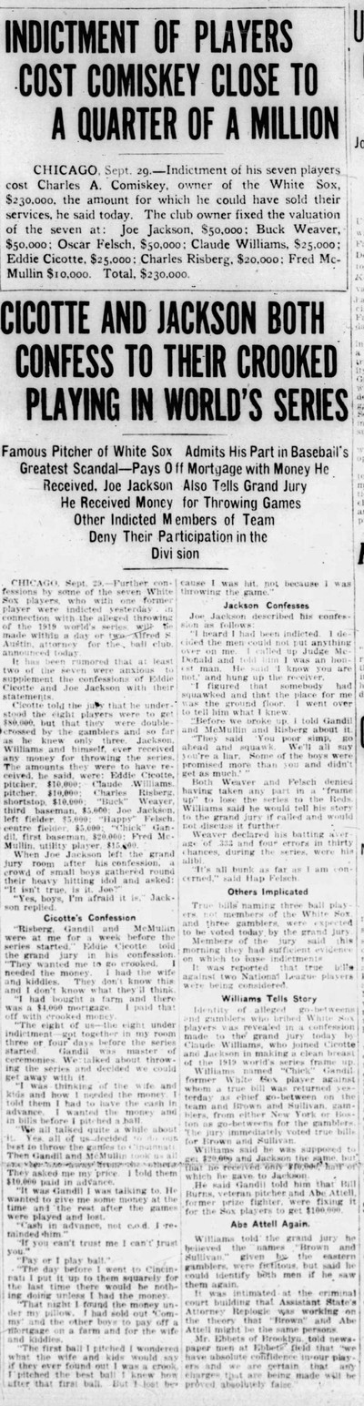 CHICAGO BLACK SOX World Series Scandal Breaks Players Confessions 1920  Newspaper