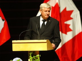 Stephen Harper speaks during the tribute to Douglas Mitchell on Thursday.
