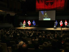 Shelley Mitchell, Daughter of Doug and Hon. Lois Mitchell, Partner BLG speaks during the Tribute to Douglas H. Mitchell at the Jack Singer Concert Hall in Calgary on Thursday, September 8, 2022.