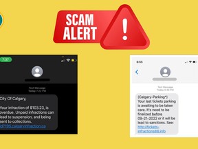 The Calgary Parking Authority shows examples of a scam demanding payment for a parking infraction. Both the authority and Calgary police warn people to not access the link provided in the texts.