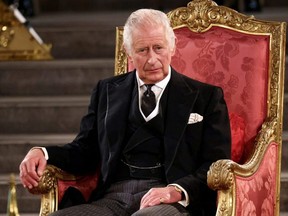 Britain's King Charles III attends the presentation of Addresses by both Houses of Parliament in Westminster Hall, inside the Palace of Westminster, in London, Monday, Sept. 12, 2022.