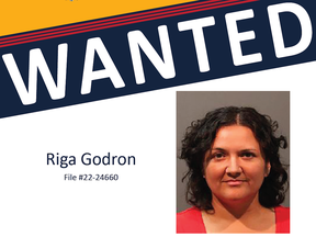 A Victoria Police wanted poster for Riga Godron, who is also a candidate in Victoria, B.C.'s upcoming city council elections.