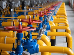 Pipework inside a gas collect point of the Kasimovskoye underground gas storage facility, operated by Gazprom PJSC, in Kasimov, Russia.