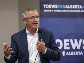 UCP leadership candidate Travis Toews speaks at the Yellowbird community hall on Wednesday, Sept. 14, 2022 in Edmonton.