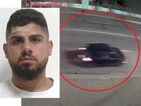 Calgary police are looking for Abdullah Amer, 28, wanted in connection with a shooting incident on July 12, 2022, on Macleod Trail S.E. The blue vehicle pictured was shot at by a person with a handgun.