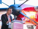 De Havilland Canada CEO Brian Chafe speaks during an announcement that the company will build an airport and manufacturing complex east of Calgary in Wheatland County.  The announcement was made Wednesday in a De Havilland hangar at the Calgary International Airport.