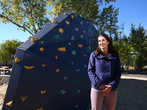 Sheila Taylor, CEO of Parks Foundation Calgary, says mental health is improved by visiting our parks and green spaces. She is standing on the construction site of a new park, Brawn Family Foundation Rotary Park, designed for supporting the mental health of youths and their families.