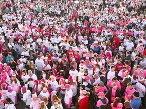 Thousands of people gather before the CIBC Run for the Cure at Southcentre Mall on October 6, 2019.