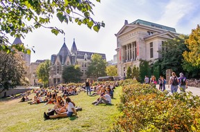 Students lounging on the beach in front of Redpath Museum in Montreal. Courtesy, Valeria Lau, McGill University