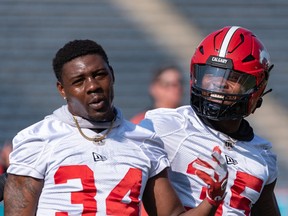 Dedrick Mills, left, is replacing Petyon Logan as the Calgary Stampeders face the Saskatchewan Roughriders on Saturday. Meanwhile, fellow running Ka’Deem Carey (right) could see his touches limited in the game.