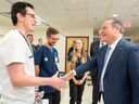 Premier Jason Kenney greets some of the MRU students in attendance during an Alberta government announcement at the Nursing Simulation Lab at Mount Royal University on Thursday, October 6, 2022.