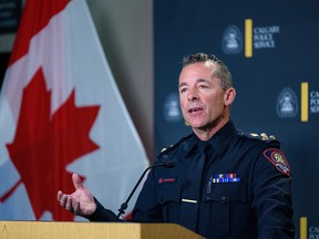 Calgary police Chief Mark Neufeld speaks with the media during a press conference at Calgary Police headquarters on Tuesday, October 11, 2022.