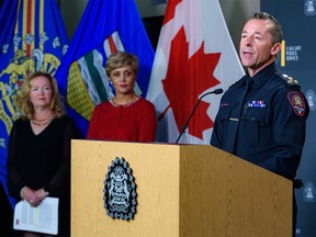 Calgary Police Chief Mark Neufeld speaks with the media during a press conference for the announcement of the community mobile crisis response at Calgary police headquarters on Tuesday, October 11, 2022.