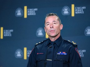 Calgary Police Chief Mark Neufeld speaks to the media during a press conference at Calgary Police Headquarters on Tuesday, Oct. 11, 2022.