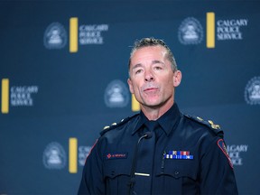 Calgary police Chief Mark Neufeld speaks with the media during a press conference at Calgary Police headquarters on Tuesday, October 11, 2022.