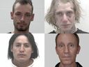 Clockwise from top left: Raymond Radousseur, Martin Beranger, John Malcolm, and Calvin Calf are wanted for random assault charges in downtown Calgary on October 10, 2022. 