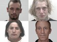 Clockwise from top left: Raymond LADOUCEUR, Martin BELANGER, John MALCOLM and Calvin CALF are wanted on warrants for the random assault of a person in downtown Calgary on October 10, 2022.