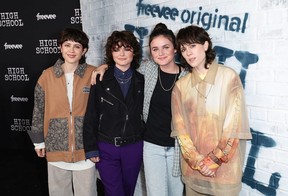 From left: Sara Quin, Railey Gilliland, Seazynn Gilliland and Tegan Quin attend a dance party for Amazon Freevee's '90s new series High School on Oct. 13, 2022, in Los Angeles.