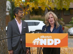 NDP candidate Samir Kayande (L) and NDP leader Rachel Notley (R) speak to media at a press conference in southwest Calgary on Wednesday, October 5, 2022.