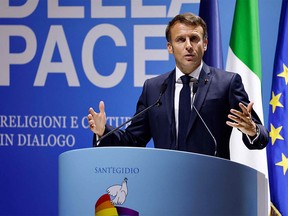 French President Emmanuel Macron delivers a speech during the international peace summit "The Cry for Peace", organised by the Italian Catholic Community of Sant'Egidio, in Rome, on October 23, 2022.