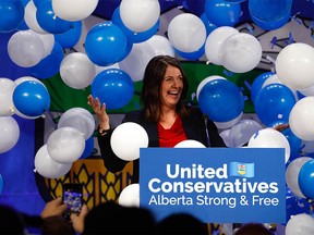 Celebratory balloons fall on Danielle Smith after winning the leadership of the Alberta United Conservative Party in Calgary on Thursday, October 6, 2022. She will become the next premier of Alberta.