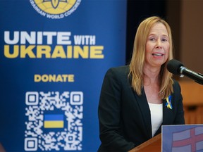 FILE PHOTO: Ukrainian Canadian Congress President Orysia Boychuk - The Alberta Provincial Council speaks after Alberta Premier Jason Kenney announced a $10 million donation to the Ukrainian World Congress for help Ukraine fight against the Russian invasion on Tuesday, October 4, 2022.