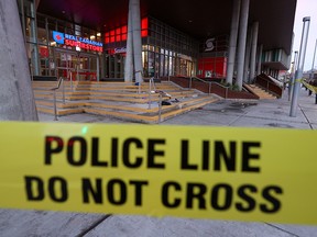 The scene of an early morning suspicious death on the steps outside the Real Canadian Superstore in Calgary’s East Village was photographed on Tuesday, October 25, 2022.