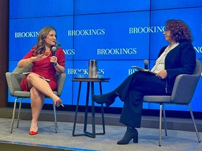 Deputy Prime Minister Chrystia Freeland, left, speaks at the Brookings Institution in Washington, D.C., on October 11, 2022.