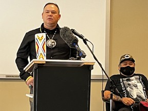 Siksika Nation Chief Ouray Crowfoot speaks at an event hosted by the Blackfoot Confederacy Wednesday Oct. 12, outlining the Nations’ complaint to the Canadian Human Rights Commission against ISC.