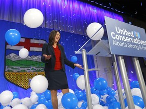 Danielle Smith celebrates following the UCP leadership vote on 6 October.