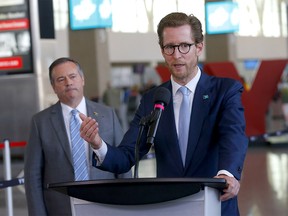 WestJet CEO Alexis von Hoensbroech and Premier Jason Kenney speak on new investments in the aviation, aerospace and logistics sectors at the Calgary International Airport in Calgary on Wednesday, October 5, 2022.