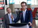 WestJet CEO Alexis von Hoensbroech and Prime Minister Jason Kenney discuss new investments in the aviation, aerospace and logistics sectors at Calgary International Airport in Calgary on Wednesday, October 5, 2022. 