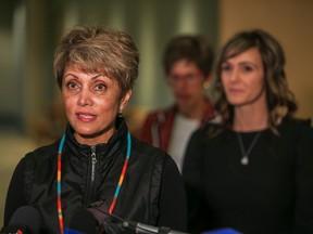 Mayor Jyoti Gondek and Coun. Sonya Sharp, right, speak with media on Wednesday.