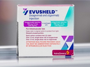 A photo taken on February 8, 2022 shows a box of Evusheld, a drug for antibody therapy developed by pharmaceutical company AstraZeneca for the prevention of COVID-19 in immunocompromised patients at the AstraZeneca facility for biological medicines in Södertälje, south of Stockholm, Sweden.