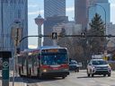 Calgary Transit buses operating on Center Street on January 31, 2020.  City Council is considering a plan to replace some of the diesel-powered buses with electric buses. 