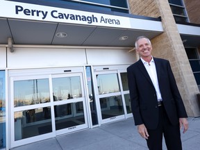 Perry Cavanagh stands outside the arena at the Max Bell Centre that was named after him in a ceremony on Saturday, October 15, 2022.