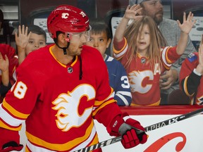 Brett Sutter in warmup before a preseason NHL hockey game for the Calgary Flames on Sunday, September 25, 2022. Sutter has been named the captain of the Wrangler, the Flames' farm team.