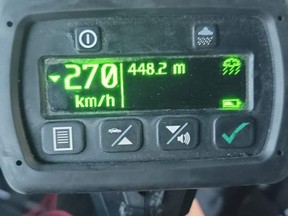 The Cochrane RCMP published a photo showing the radar gun after clocking Peterec driving 270 km/h on Highway 1.