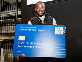 Calgary Fintech Award (2nd Place): Jonah Chininga, founder of MIQ, was awarded a $60,000 second prize at the Calgary Fintech Awards on Oct. 14, 2022. Handout/Elyse Bouvier