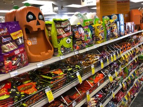 Halloween candy and decorations are displayed at a store, Wednesday, Sept. 23, 2020, in Freeport, Maine.