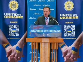Premier Jason Kenny announces that Alberta is donating another $10 million to the Ukrainian World Congress to help Ukraine fight Russia’s invasion.