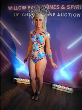 Cassandra Guerin dressed to the nine’s at the charity wine auction . Her makeup was done by Amanda Toszer and Marta Styler created the costume.