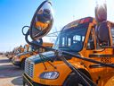 Southland Transportation school buses were photographed in a storage area in southwest Calgary on Tuesday.